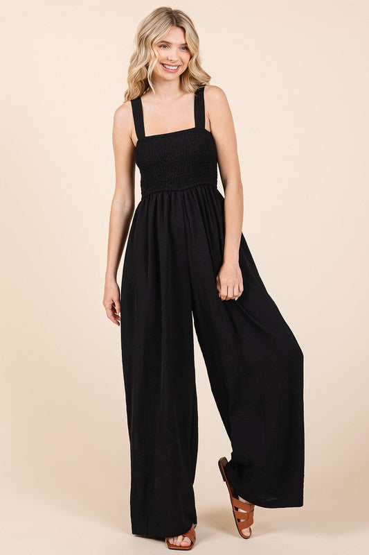 Mittoshop Smocked Wide Strap Wide Leg Overalls