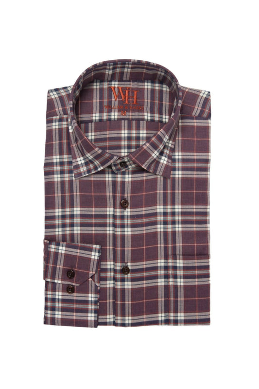 W&H Men's Long Sleeve Button Up Sports Shirts - Burgundy Plaid